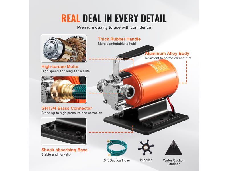 Vevor pompe de transfert deeau, 12 v cc 360 gph 110 hp, pompe utilitaire electrique portable, tuyau deaspiration 1,8 m, turbine, crepine deaspiration, pour jardin, piscine, etang, drainage aquarium - Conforama D