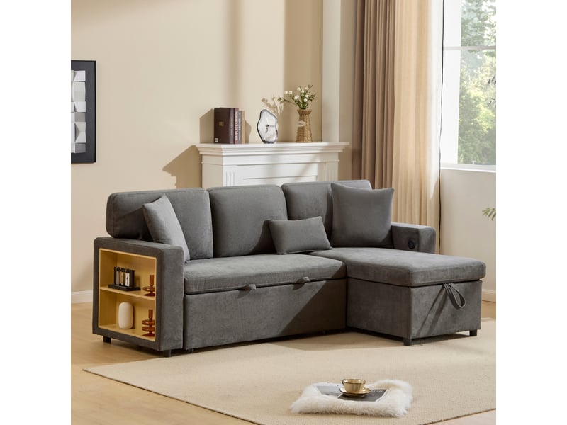 Canapé d'angle, canapé convertible : gris foncé, coffre de rangement, 214 x 131 x 87 cm - Conforama W