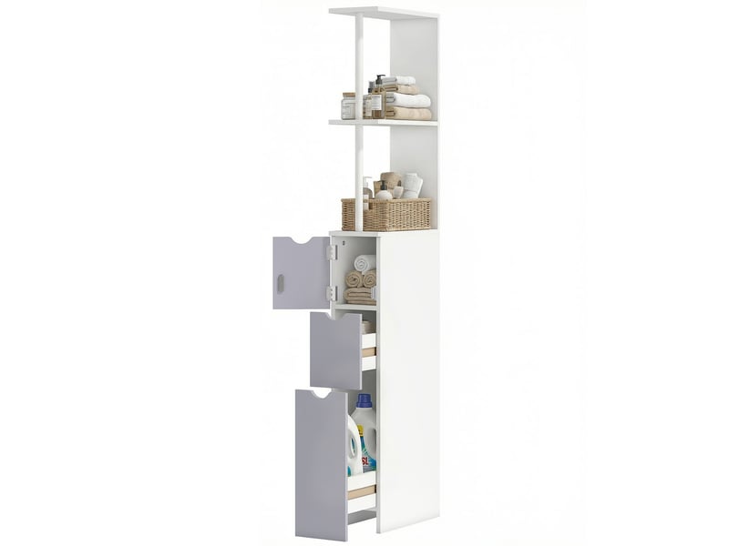  Meuble de salle de bain gain de place en bois, avec étagères et tiroirs, 15 x 33 x 136,8 cm, gris clair  - Conforama B