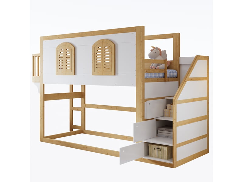 Lit mezzanine enfant 90x200 cm avec escalier de rangement, blanc et naturel - Conforama A