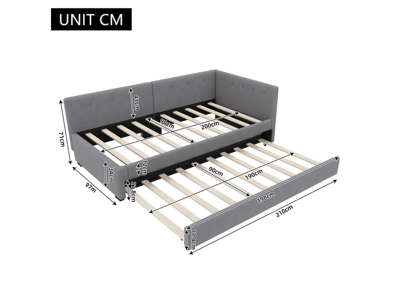 Canapé-lit 90x200+90x190cm, lit simple, lit gigogne, tête de lit et sommiers inclus, velours gris, sans matelas - Conforama C