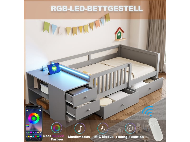  Lit enfant multifonctionnel 90x200 cm - lit simple avec rangement, 2 tiroirs, étagères, bureau, led et prise - gris  - Conforama R