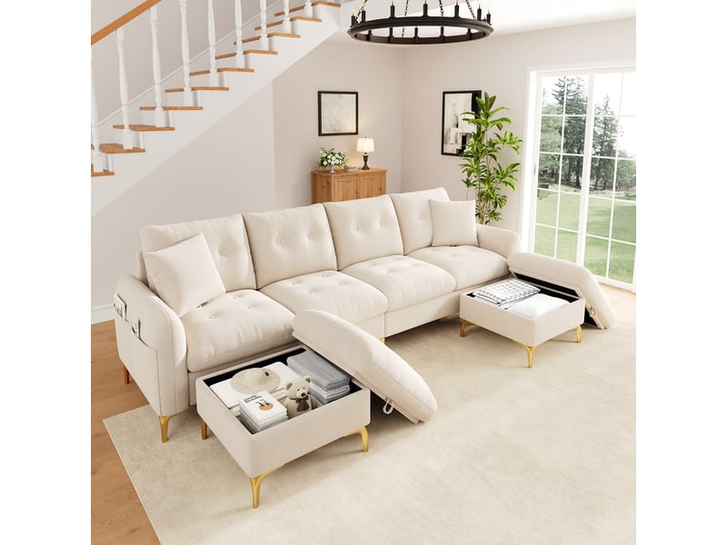  Canapé d'angle moderne ,4 places, avec 2 tabourets de rangement et 2 coussins décoratifs ,263×137×85 cm,beige  - Conforama D