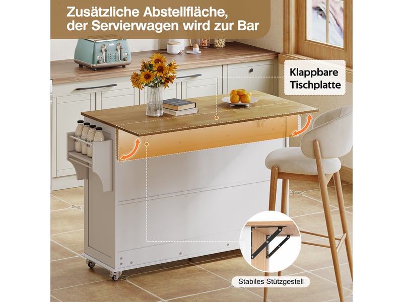 Îlot de cuisine blanc rustique 140 × 43–70 × 90,5cm, plateau rabattable, 4 portes, 3 tiroirs et étagères de porte - Conforama D