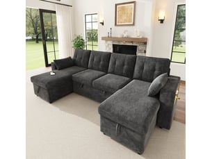 Canapé d'angle panoramique convertible HAUSS SPOLE 4 places Polyester gris avec coffre de rangement