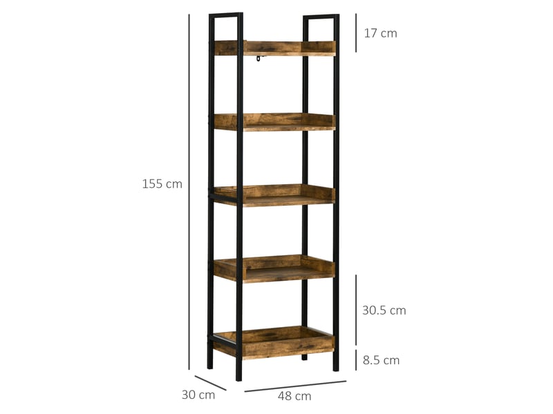  Bibliothèque industrielle à 5 niveaux en bois et métal, 48 x 30 x 155 cm, marron rustique  - Conforama E