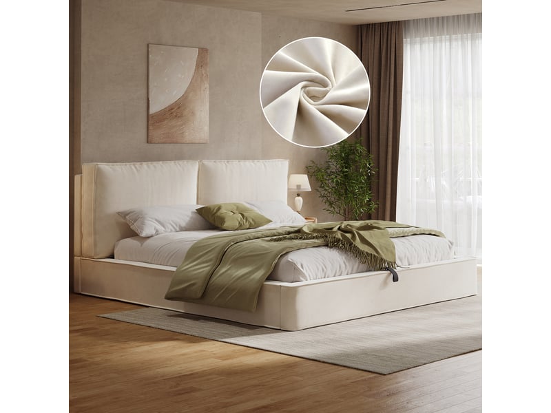 Lit double capitonné, 180 x 200 cm, sommier à lattes, tête de lit capitonnée, beige, velours  - Conforama B