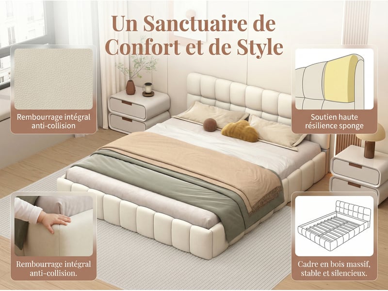  Lit 2 places 140 x 190 cm - tissu lin - tête de lit souple et cadre de lit robuste - beige  - Conforama E