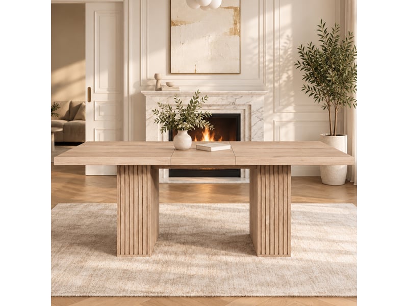  Table à manger extensible 150-190x90x75cm pour 6 à 8 personnes, rallonge, rangements dans le piètement, plateau épais, style scandinave, chêne  - Conforama C