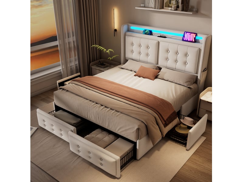  Lit rembourré ulevr 160x200 avec 4 tiroirs de rangement, tête de lit led, usb-c et prises, structure bois et métal, beige  - Conforama E