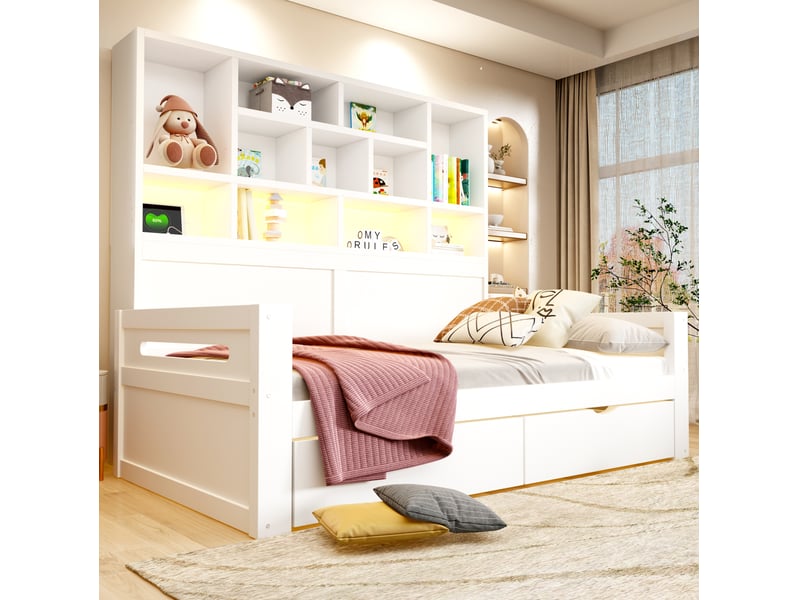 Lit multifonction 90x200 cm blanc avec led, prises, rangement ouvert et 2 tiroirs, sans matelas - Conforama E