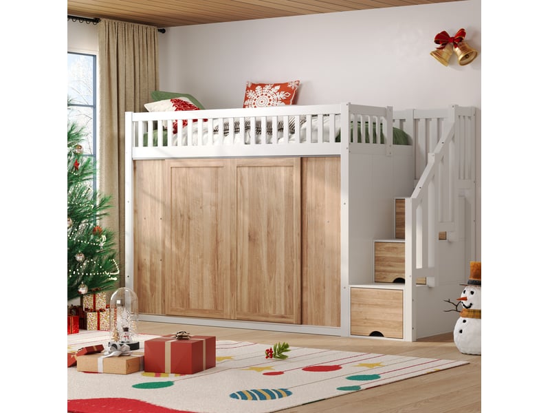  Lit mezzanine enfant 90x200 cm avec armoire et escalier, bois et mdf, blanc et décor chêne sans matelas  - Conforama E