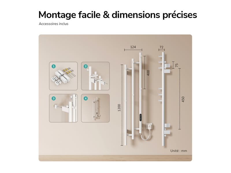  Emke sèche-serviettes électrique 115x21,6 cm, 220w, radiateur salle de bain wifi appalexa, chauffage carbone, blanc  - Conforama E