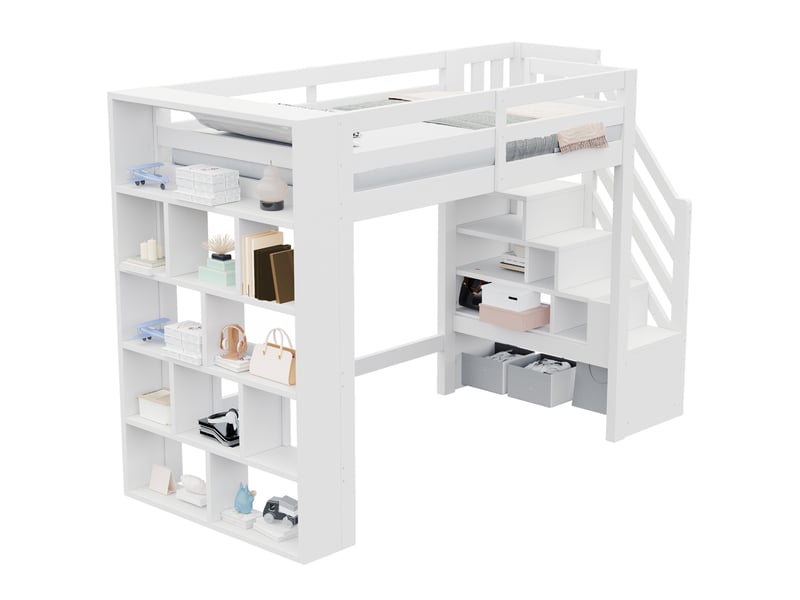  Lit mezzanine 90x200 cm avec rangements, garde-corps et led, blanc, sans matelas  - Conforama A