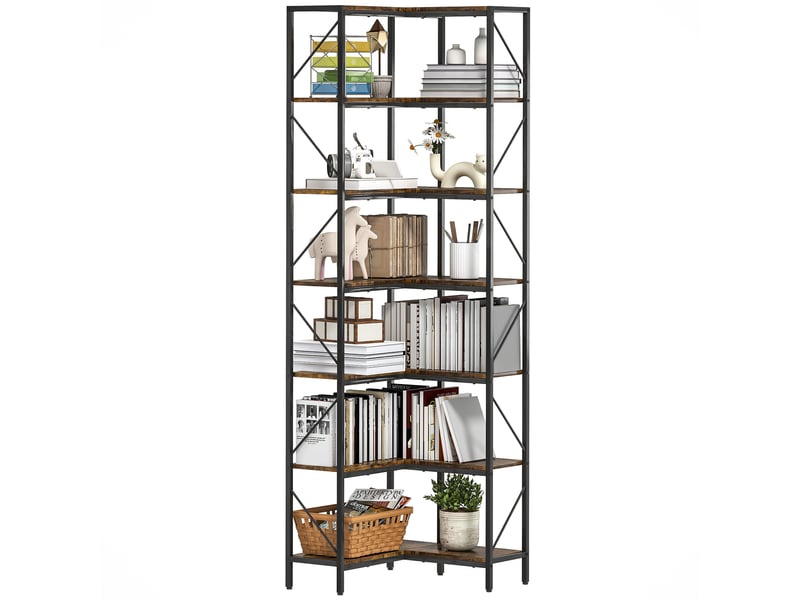  Bibliothèque d'angle industrielle à 7 niveaux, bois et acier, 60 x 60 x 198 cm, marron rustique  - Conforama B