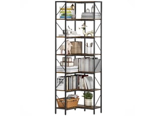 Bibliothèque d'angle industrielle à 7 niveaux, bois et acier, 60 x 60 x 198 cm, marron rustique