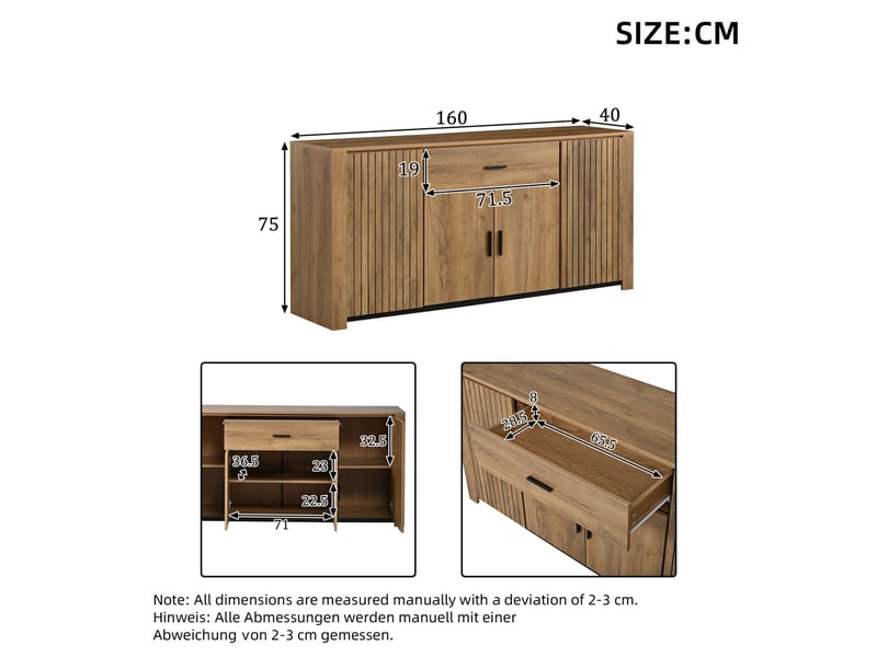  Buffet 160 x 40 x 75 cm – bois clair – 4 portes, 1 tiroir et étagères réglables pour salon et salle à manger  - Conforama C