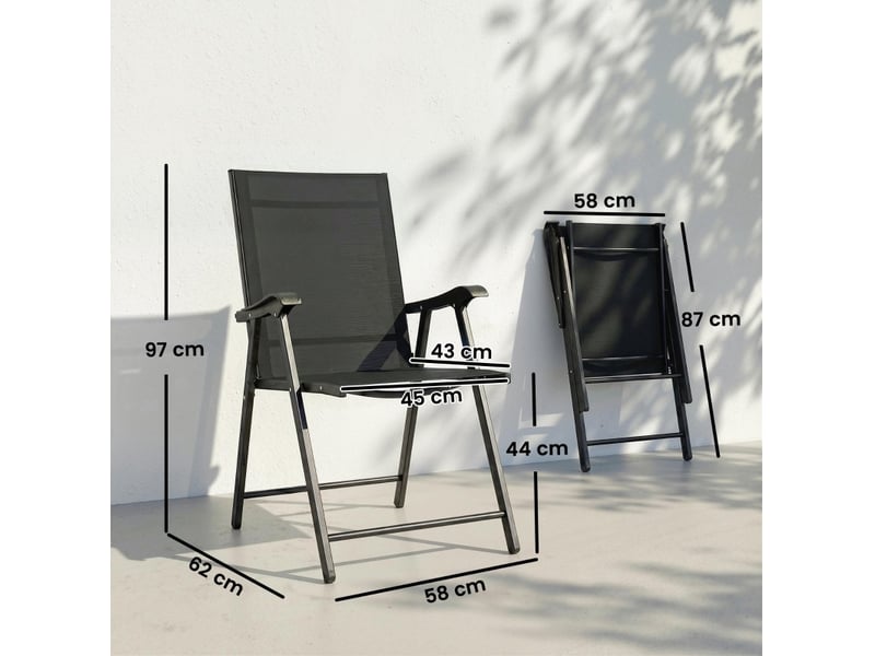 Lot de 2 chaises de jardin pliantes 58 x 62 x 97 cm – noir – dossier haut, accoudoirs et texteline - Conforama C