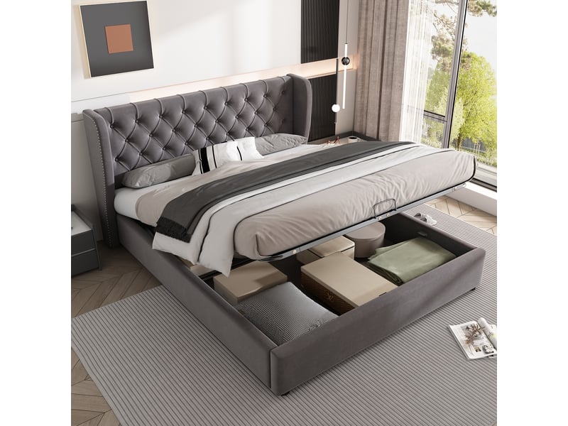  Lit double velours gris 140x200 cm - tête de lit à oreilles, coffre hydraulique et sommier inclus  - Conforama B