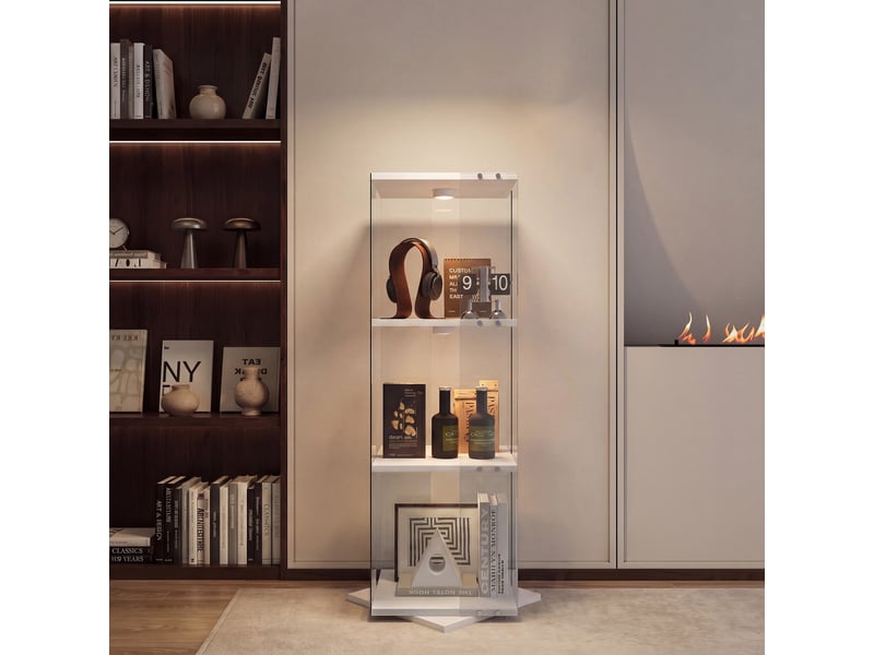  Vitrine en verre avec éclairage, rotation à 360°, conception à trois niveaux, en verre,blanc  - Conforama D