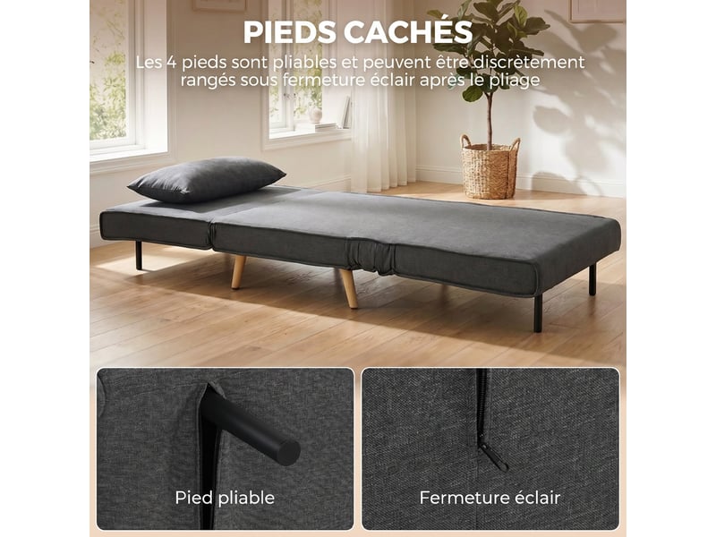  Canapé-lit 1 place avec dossier réglable, coussin inclus et pieds charge pliables 120 kg gris  - Conforama W