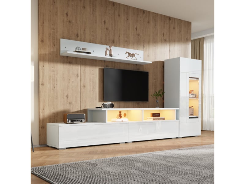  Ensemble meuble tv 3 pièces blanc brillant led – meuble tv, vitrine et étagère murale, tv jusqu’à 75 pouces  - Conforama E