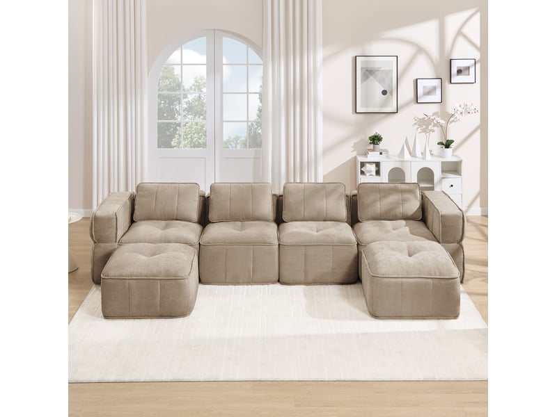  Canapé panoramique en u 4 places modulaire avec 2 poufs, mousse haute densité 32d, en polyester beige  - Conforama B