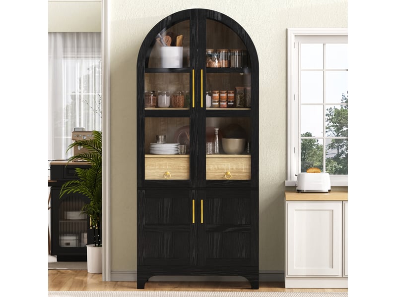  Buffet haut 76x40x180 cm en mdf et verre noir, avec tiroir et rangements, style moderne  - Conforama E