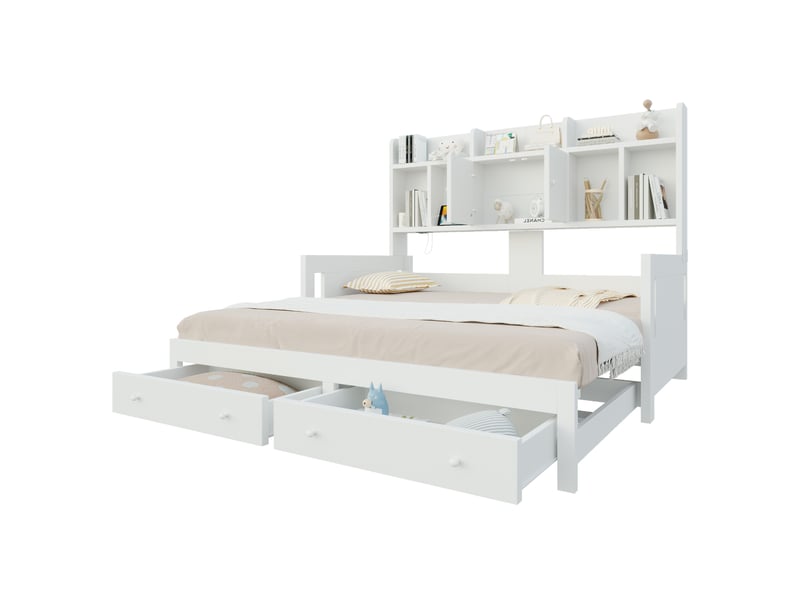  Lit gigogne 90x190-180x190 cm, tiroirs rangement, lit banquette, lit enfant, prise usb, led, bois, blanc, sans matelas  - Conforama A