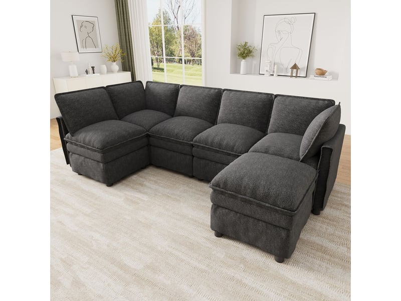  Canapé modulable forme u ou l combinable pouf mobile double coussin d’assise design passepoilé moderne revêtement chenille gris  - Conforama E