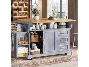Îlot de cuisine mobile bleu en mdf 120 x 40 x 95 cm, plateau rabattable et 3 tiroirs, style vintage pratique