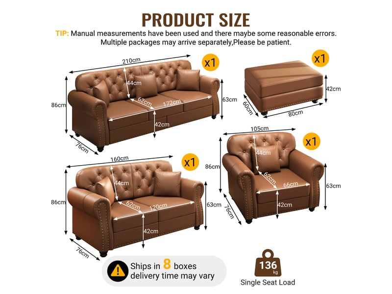  Salon chesterfield 4 places avec pouf en simili cuir marron, 210 cm Fay Lum - Conforama C