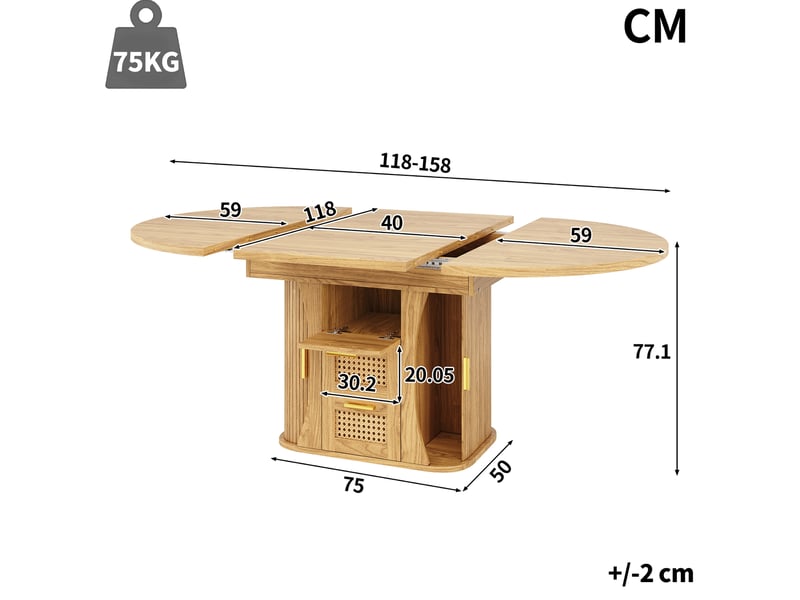  Table à manger extensible 118158 x 118 cm – naturel – mdf et métal – rangements intégrés, style bois  - Conforama C