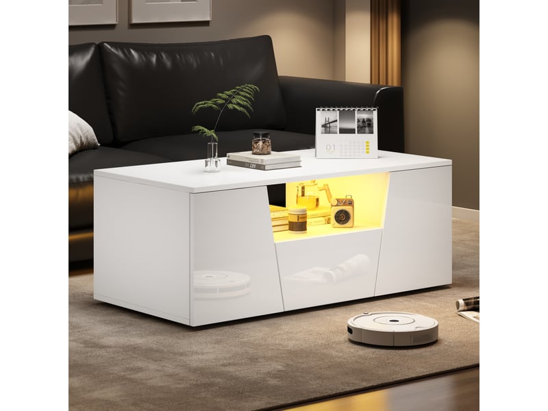  Table basse blanche brillante 100x50x40 cm, table de salon avec éclairage led, 2 placards et 1 tiroir, design asymétrique  - Conforama D