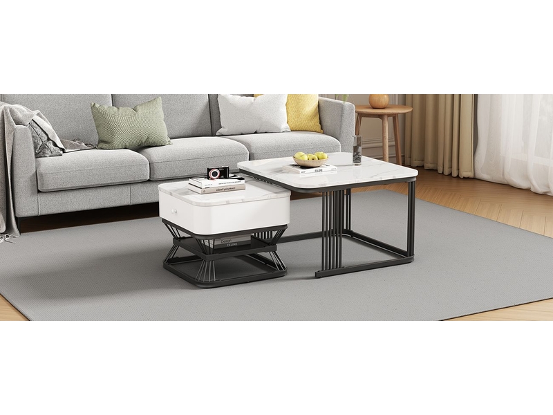  Table basse set 2 pièces 70x70x50 50x50x40, plateau effet marbre brillant table basse salon, 1 tiroir, piètement métal, idéal petits espaces  - Conforama E