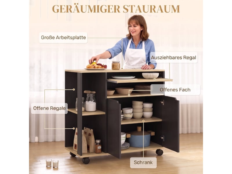 Desserte de cuisine avec 2 portes, étagère réglable, 4 roulettes et plateau de service pour cuisine, noir, 80×40×82 cm - Conforama E