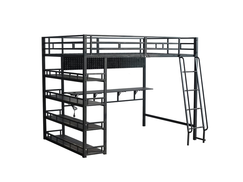  Lit mezzanine 140x200, lit surélevé gain de place avec bureau étagères de rangement port usb et crochets, métal et bois de pour ado adulte, noir  - Conforama D