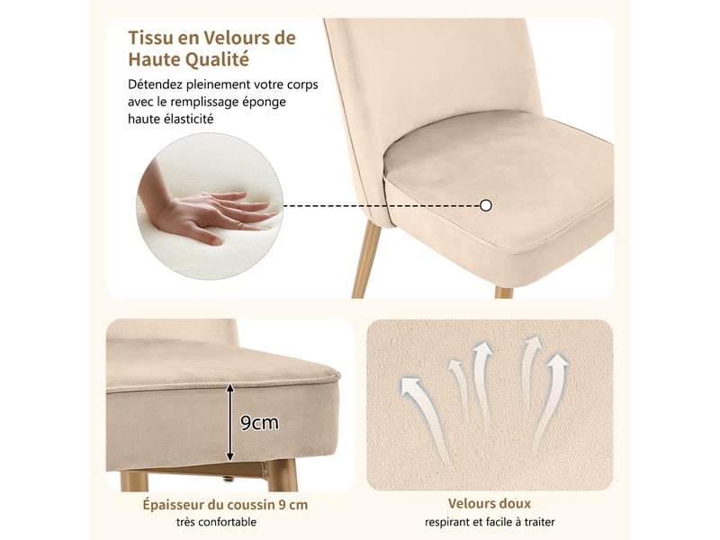  Lot de 6 chaises de salle à manger,50x62x89 cm,avec pieds métal doré,velours,beige  - Conforama E