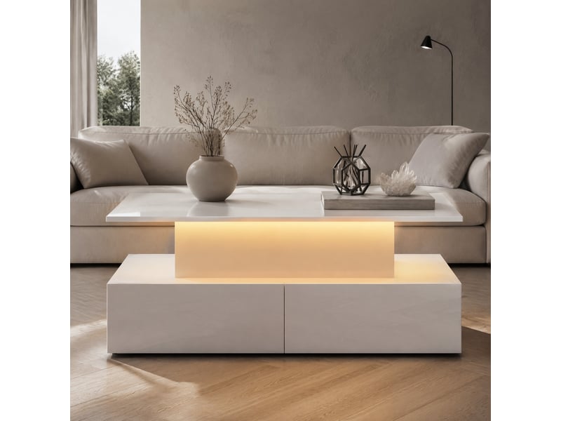  Table basse led avec 4 tiroirs et plateau coulissant pour salon 90×55×41 cm en panneaux de particules blanc  - Conforama B