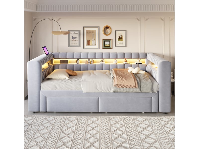  Lit extensible 90x190 cm à 180x190 cm en velours gris clair avec 2 tiroirs  - Conforama D
