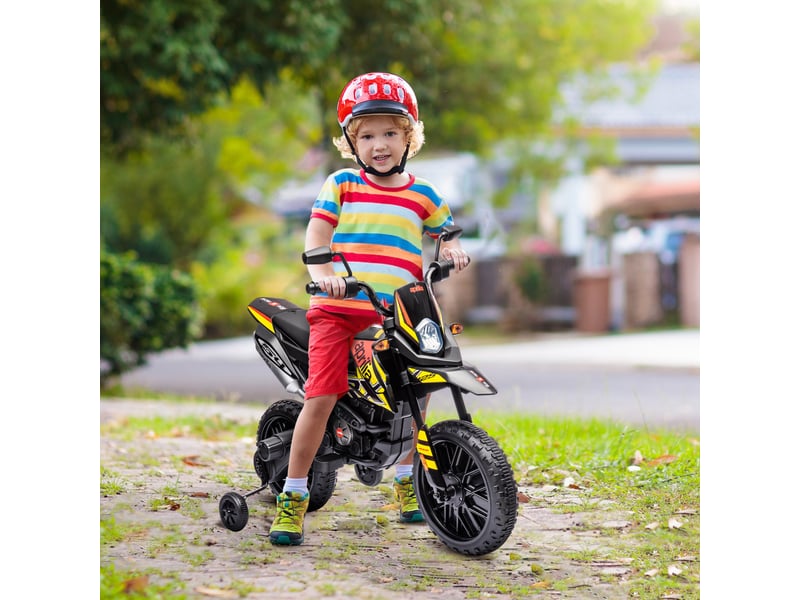  Moto électrique 12v pour enfants avec stabilisateurs, lumières led, musique, port usb, jaune. Convient aux garçons et aux filles.  - Conforama D