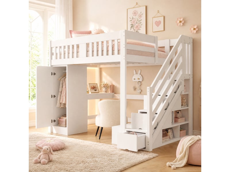  Lit mezzanine 2 places 200×140 cm avec rangements, bureau, led et prise - okmyhome- blanc, sans matelas  - Conforama B