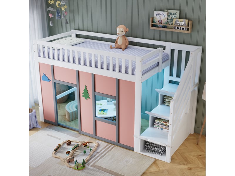  Lit enfant mi-hauteur 90x200 cm, escalier de rangement, led, espace de jeu, bois et mdf, blanc et rose, sans matelas  - Conforama E