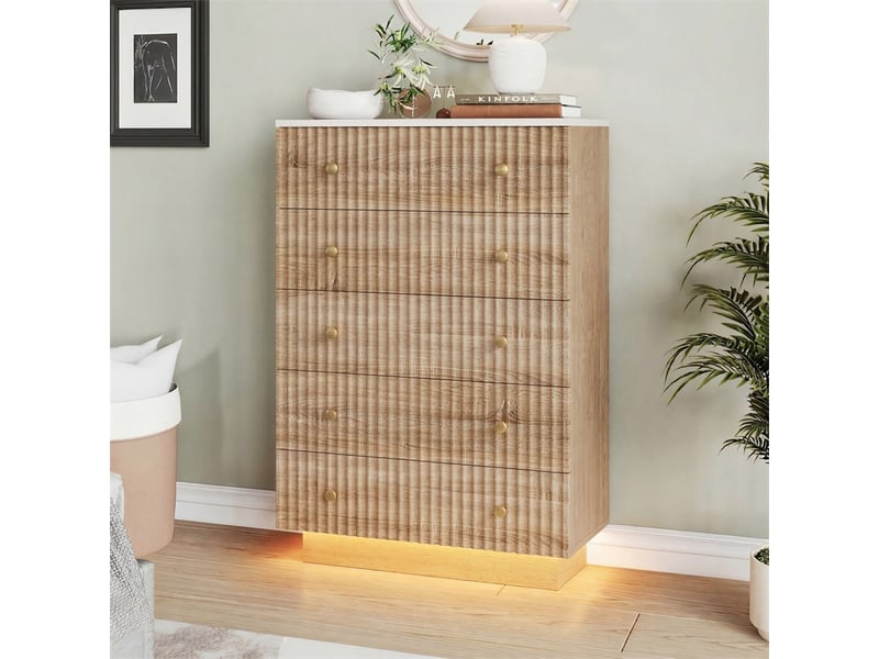 Commode 5 tiroirs 73 x 40 x 111 cm - meuble en bois avec façade rainurée, led et finition naturelle - bois naturel - Conforama C