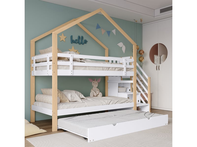  Lit superposé pour enfant, structure massive, tiroirs sous escalier, lit coulissant, 90x200cm&amp;90x190cm, blanc naturel  - Conforama C