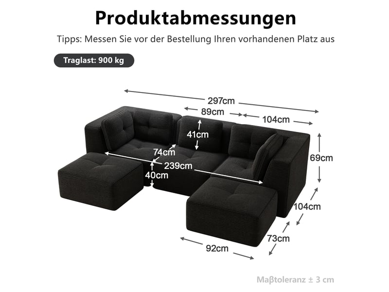  Canapé d'angle panoramique ulevr modulable 3 places, assise profonde 74 cm, velours côtelé noir, 297 x 177 x 69 cm  - Conforama C