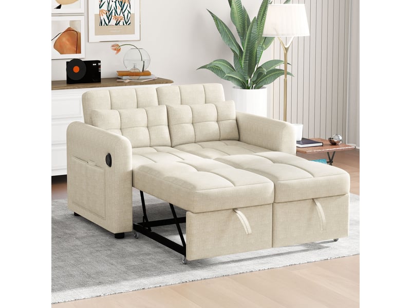 Canapé convertible 2 places 3 en 1 avec dossier réglable, fonction couchage, ports usb, poches d’accoudoirs et 2 coussins - beige - Conforama B