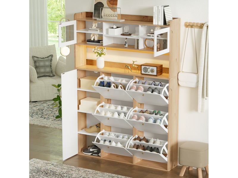  Meuble à chaussures led avec 6 abattants et 1 porte en verre, pour entrée, blanc et naturel, 130 × 25 × 85 cm  - Conforama C