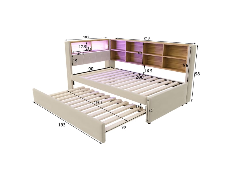  Lit enfant gigogne 90 x 200 cm + 90 x 190 cm led usb-c et prise secteur multiple flanelle beige sans matelas  - Conforama C