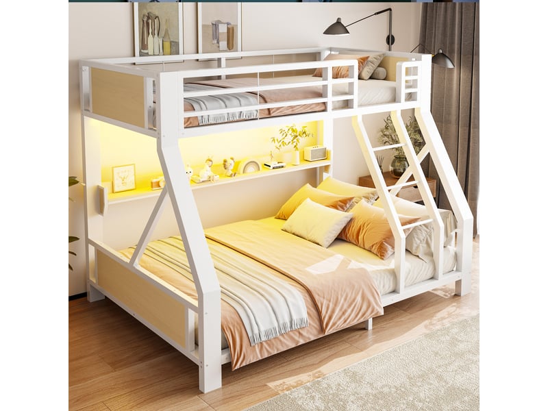 Lit superposé métal 90 x 200 140 x 200 cm, couchage simple et double, rangement et éclairage led, blanc evarich - Conforama B